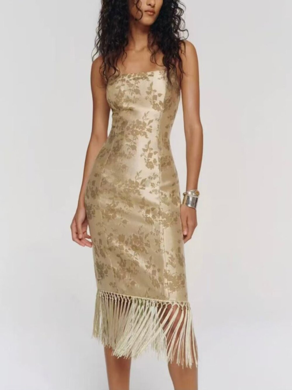 Reformation Maribel Midi Dress US2 Heirloom Gold Floral Fringe Party Cocktail - Picture 1 of 10